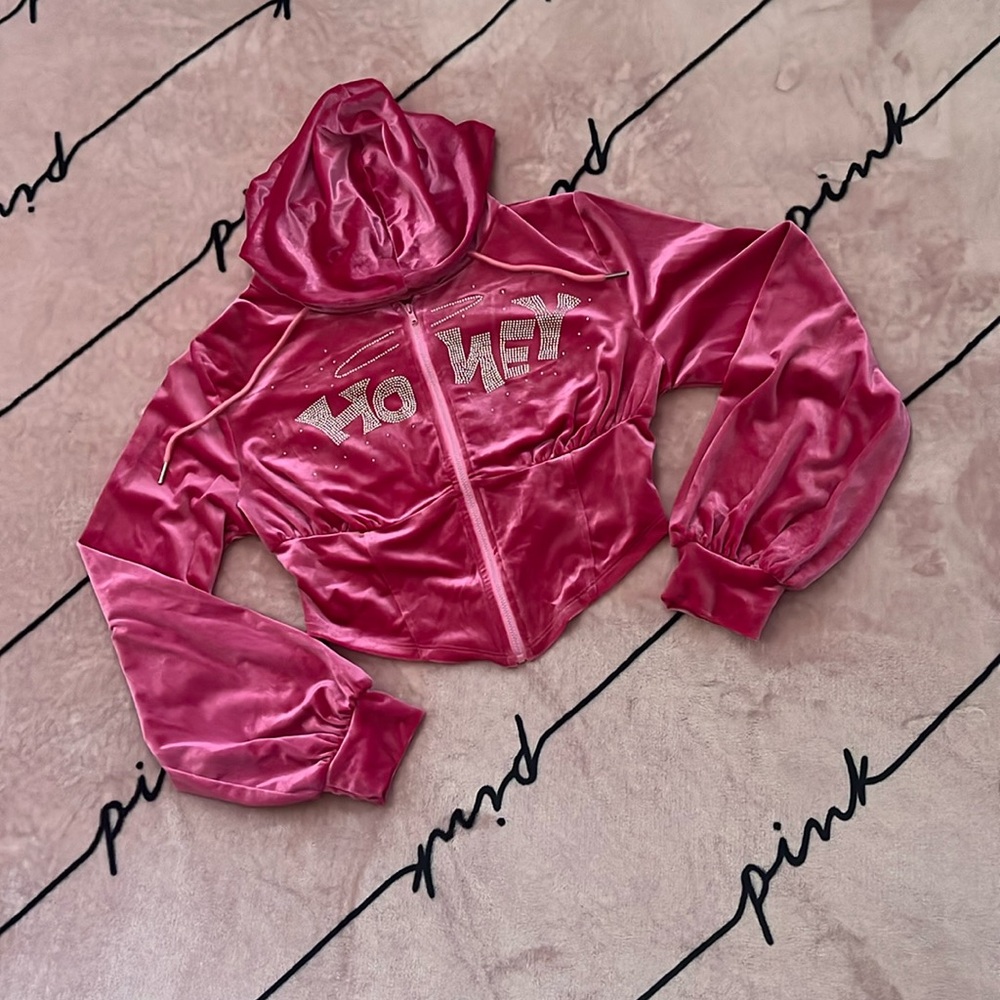 Letter Rhinestone Zip Up Velvet Hoodie